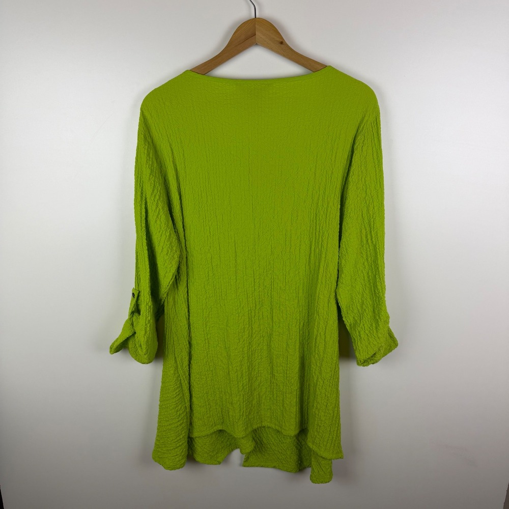 Ali Miles Womens Lime Green Textured Button Accent Roll Tab Sleeve Tunic Top L - Picture 4 of 9